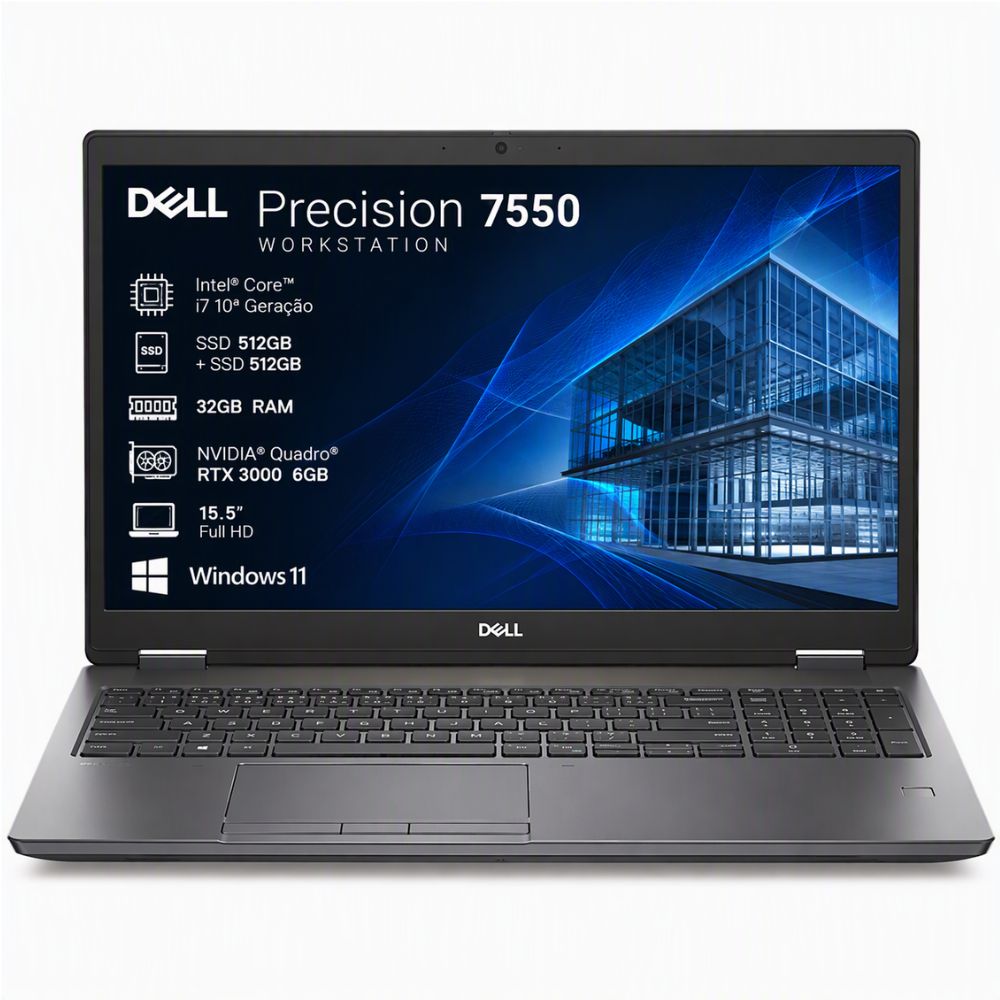 Notebook Dell Precision 7550 i7 10&ordf; G SSD 512GB + 512GB 32GB RAM Quadro RTX 3000 6GB 15,5" Win 11